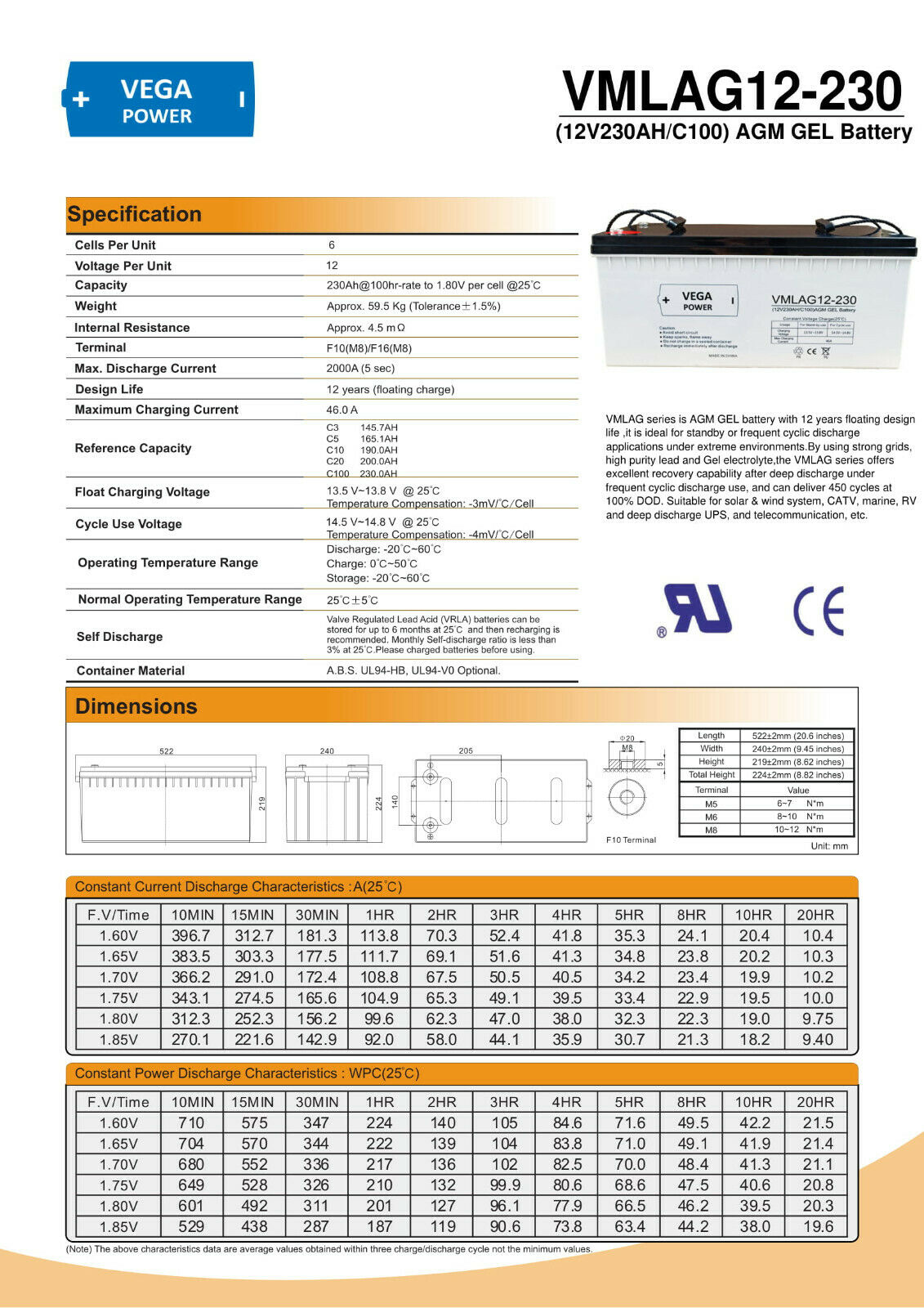 12V 230Ah C100 AGM GEL Batterie Akku Vega Power