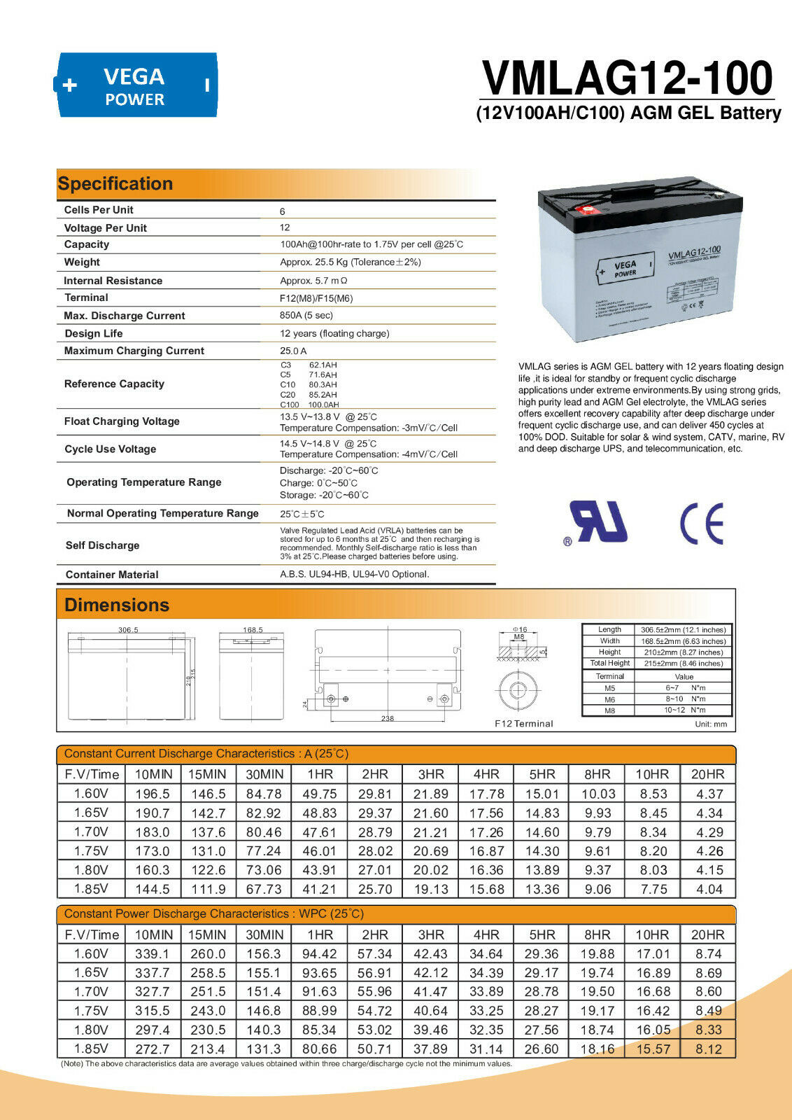 12V 100Ah AGM GEL Batterie Akku Vega Power