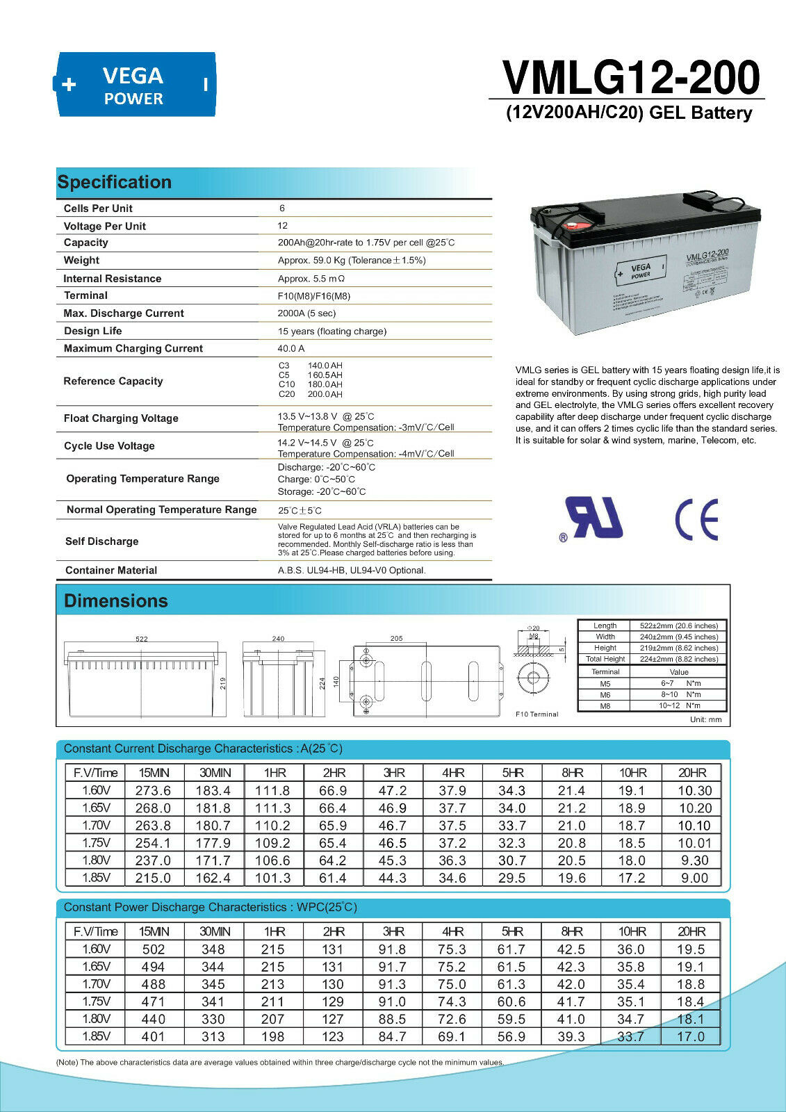 4 Stück 12V 200Ah C20 GEL Batterie Akku Vega Power