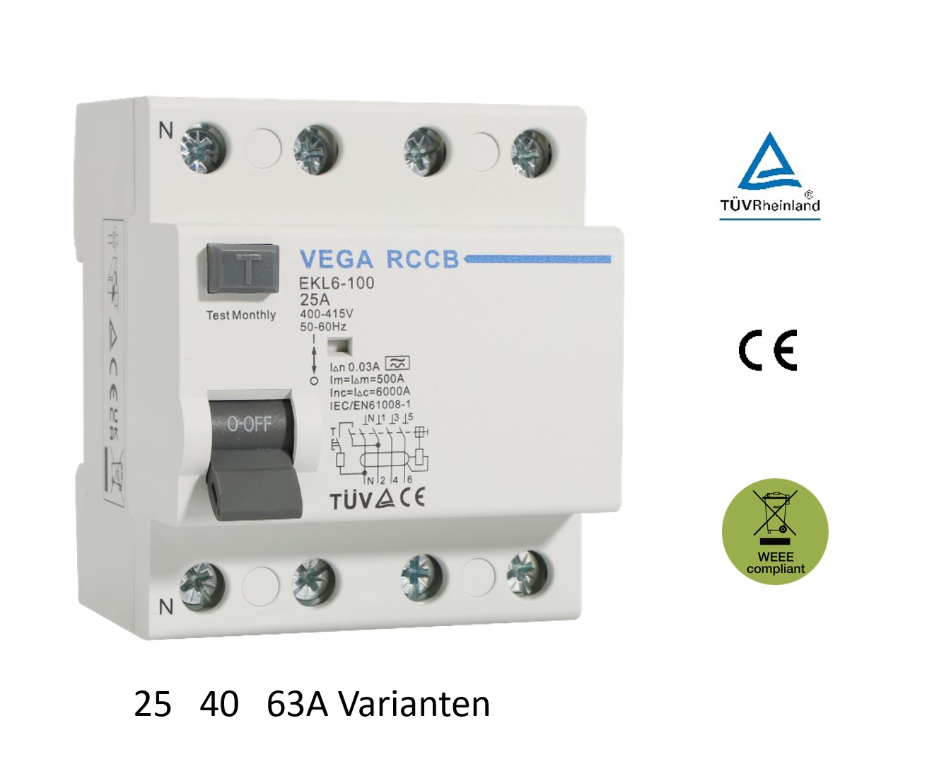 Fehlerstromschutzschalter FI-Schalter RCD 4 polig 63A In30mA Typ A