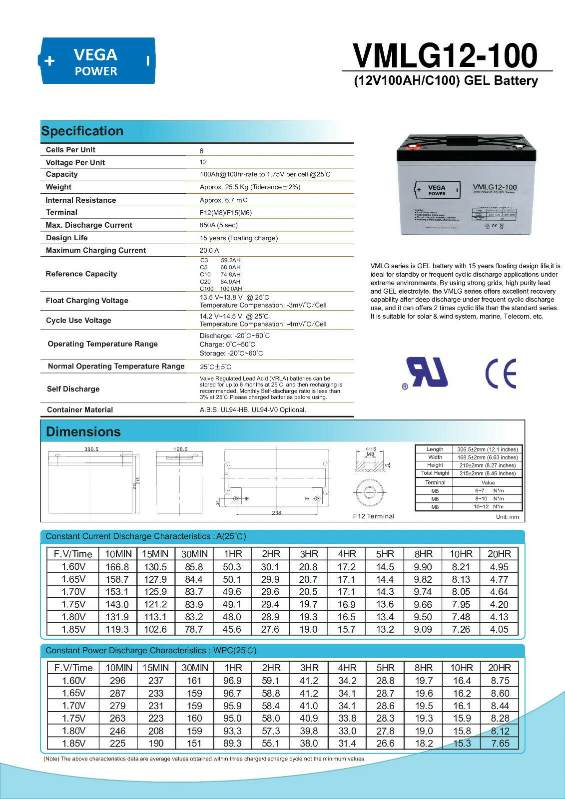 12V 100Ah C100 GEL Batterie Akku Vega Power