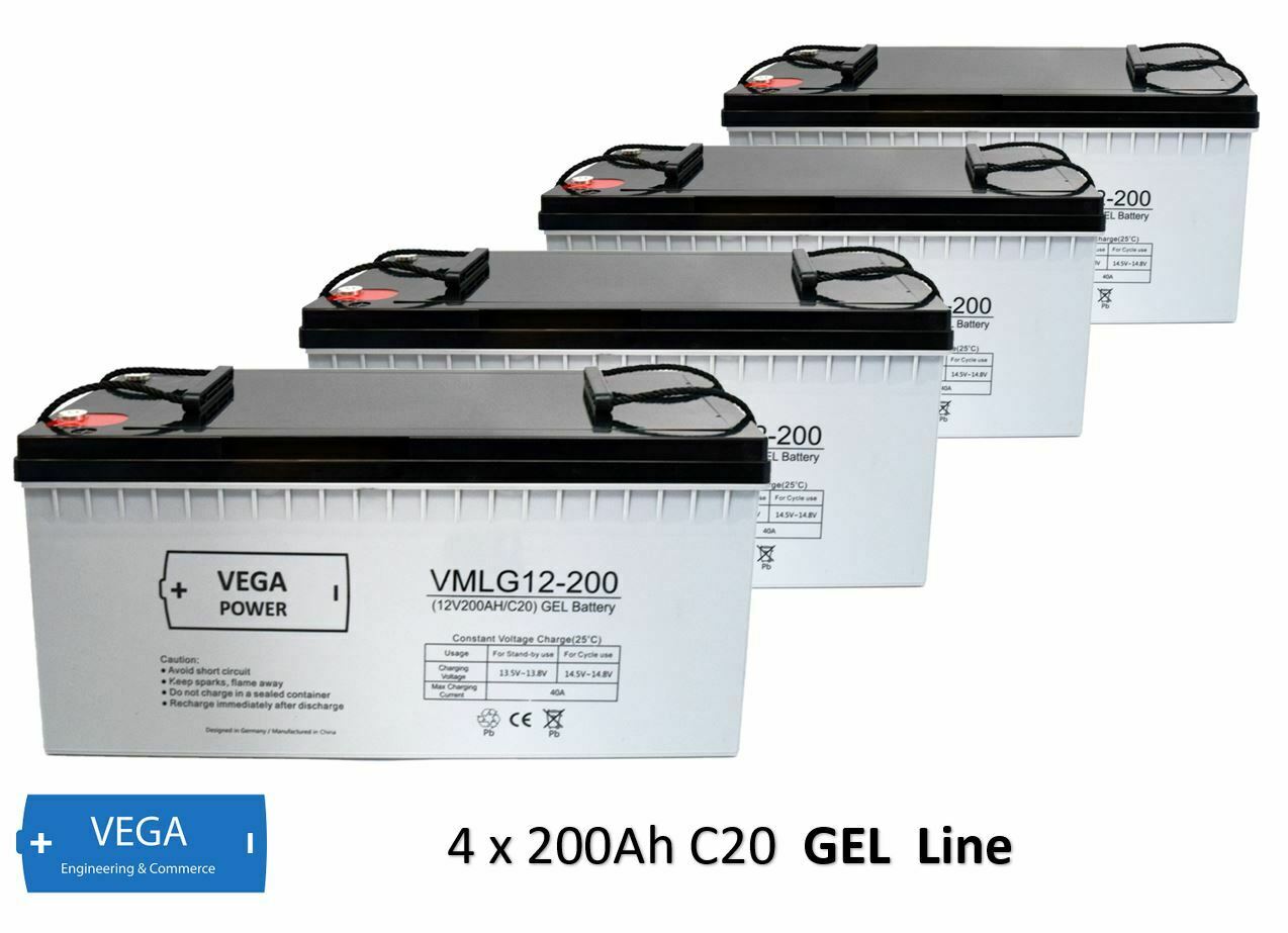 4 Stück 12V 200Ah C20 GEL Batterie Akku Vega Power