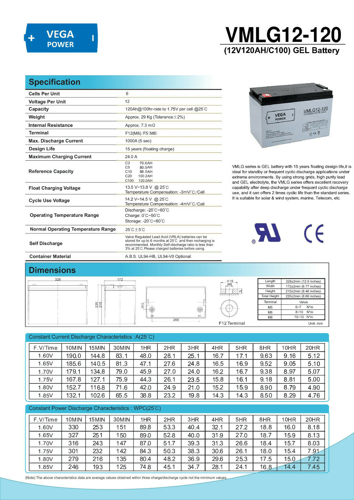 12V 120Ah C100 GEL Batterie Akku Vega Power