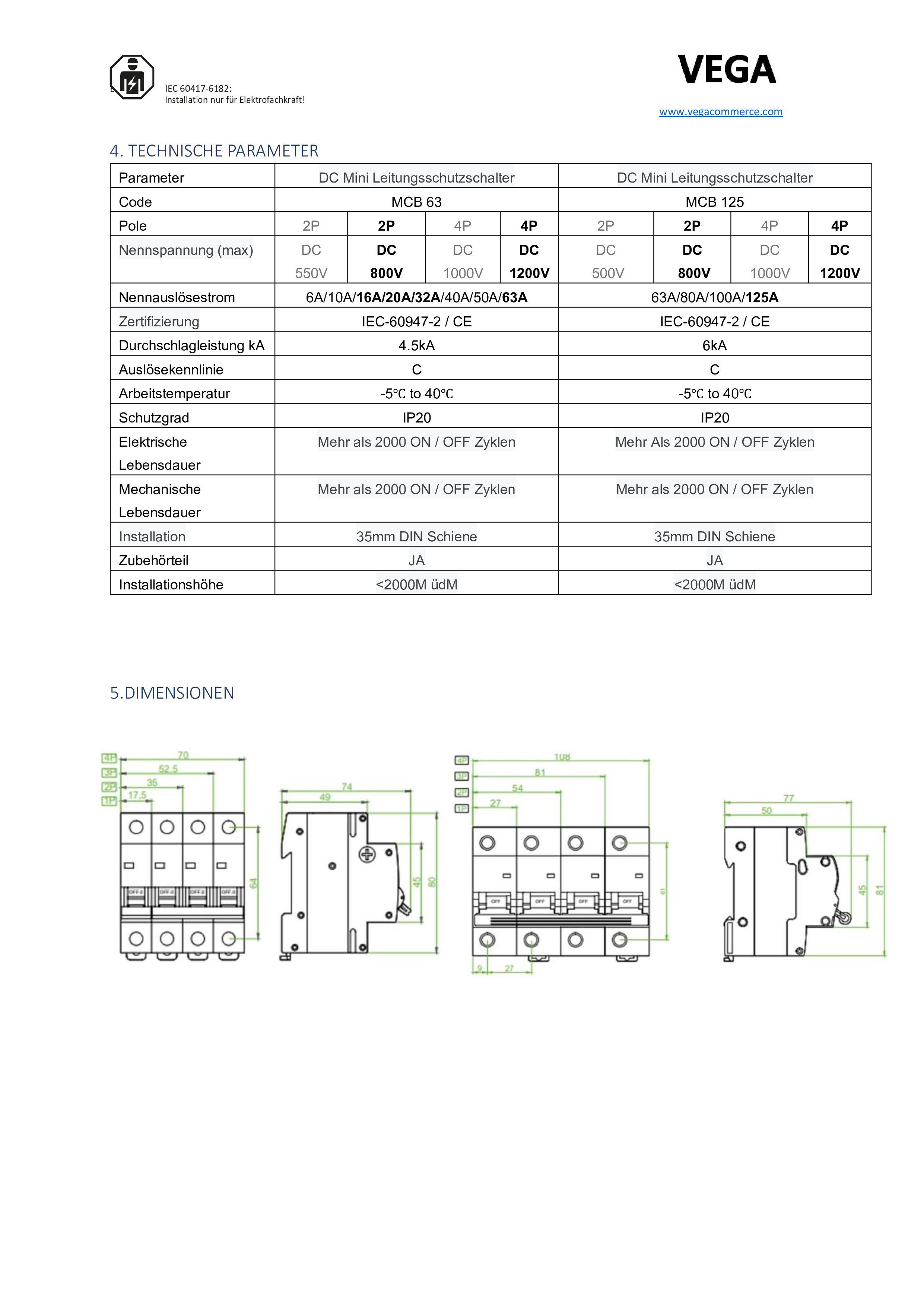 DC Leitungsschutzschalter / PV Solar  / 16A / 800 VDC / 2 Polig / Vega MCB 