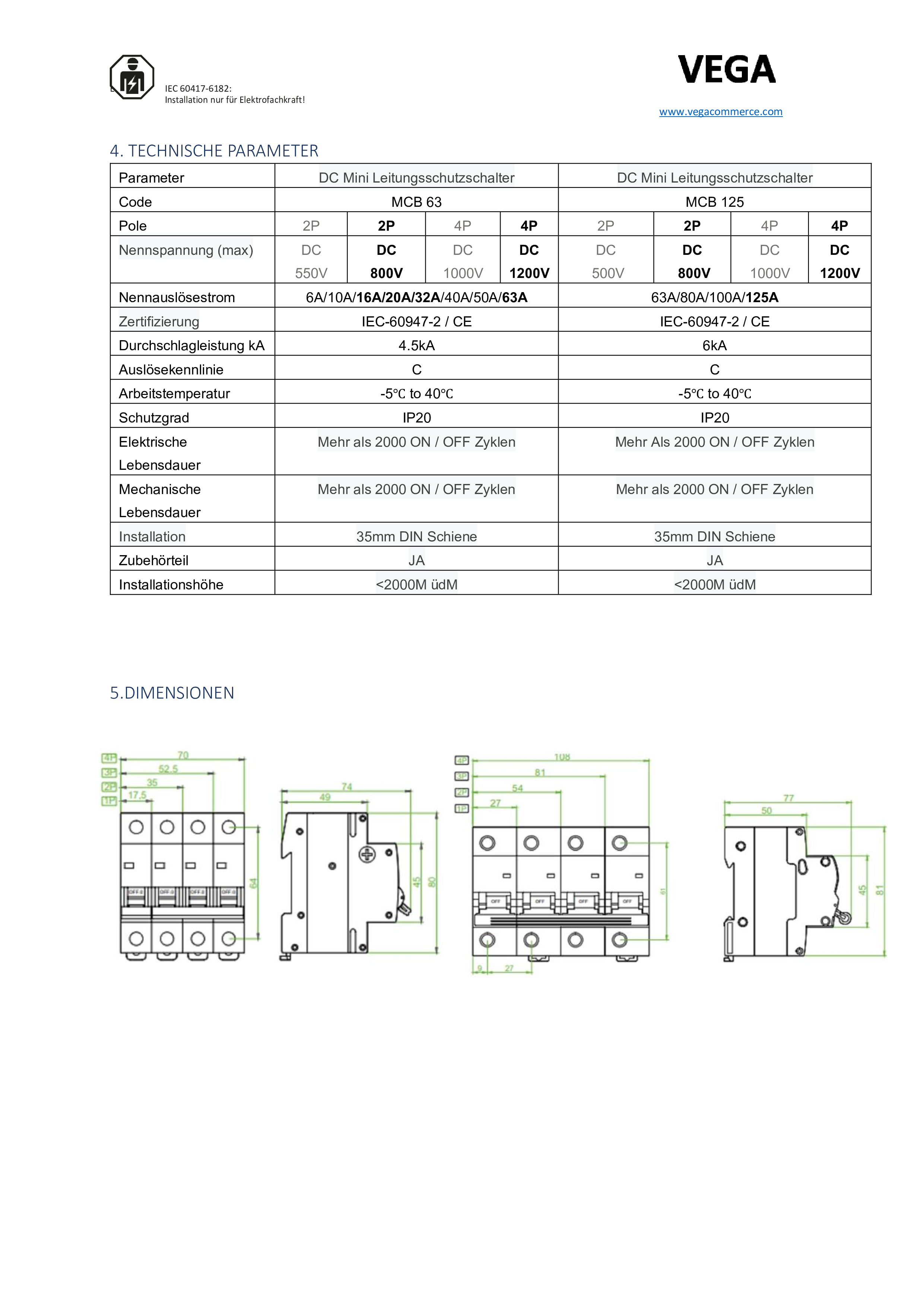 Leitungsschutzschalter VEGA MCB 125 - 1200V 4P 125A