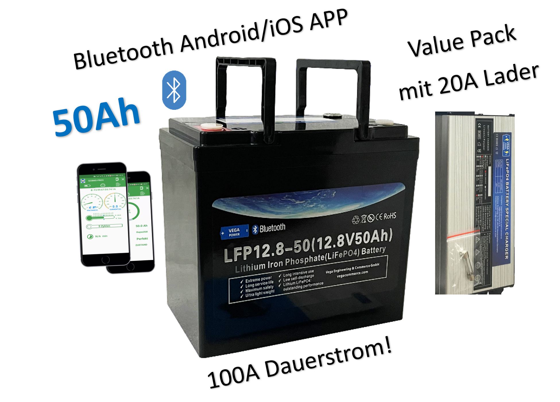 12V-50Ah-LiFePO4-Lithium Eisen Phosphat-Akku-Wohnmobil-Wagen "Starter Pack"