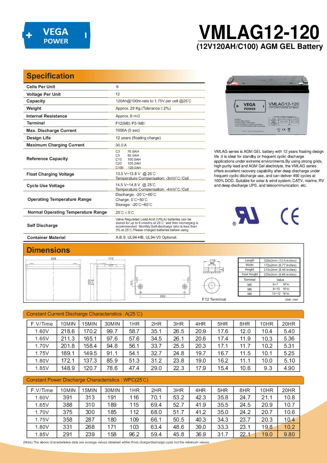 2 Stück 12V 120Ah AGM Batterie Akku Vega Power