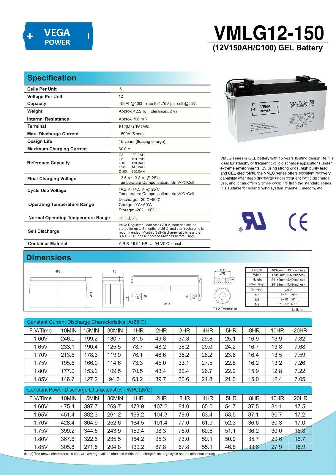 12V 150Ah C100 GEL Batterie Akku Vega Power