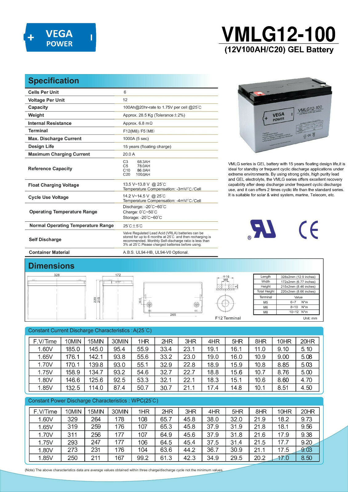 12V 100Ah C20 GEL Batterie Akku Vega Power