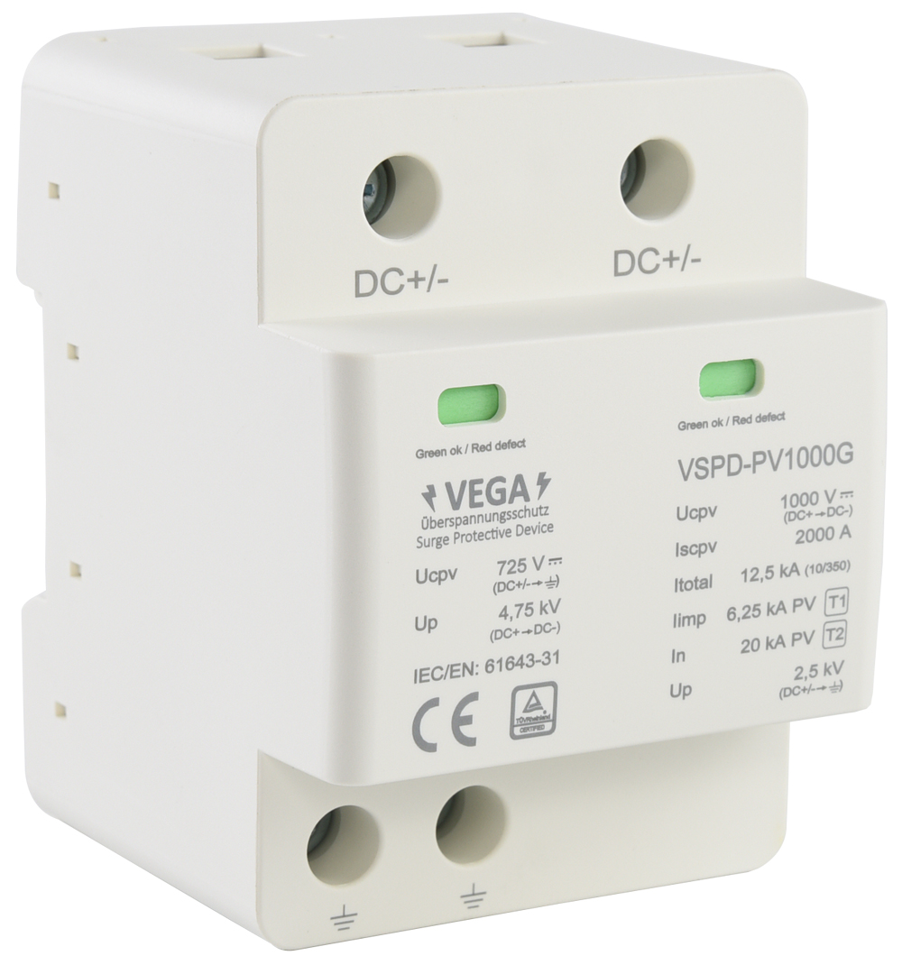 Überspannungsschutz Blitzschutz PV  / 1000V DC / Typ 1 & 2 /  Klasse B & C Kombi mit Gasableiter
